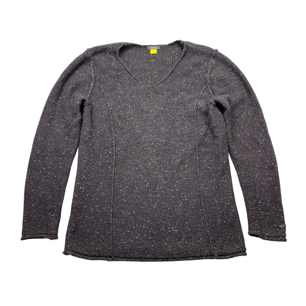 Cabelas Womens V-Neck Knit Sweater Charcoal Gray Flecked Cotton Blend Size L